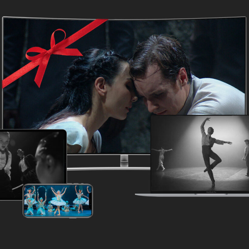 A variety of screens featuring frames from various titles on Ballet On Demand, wrapped by a festive bow
