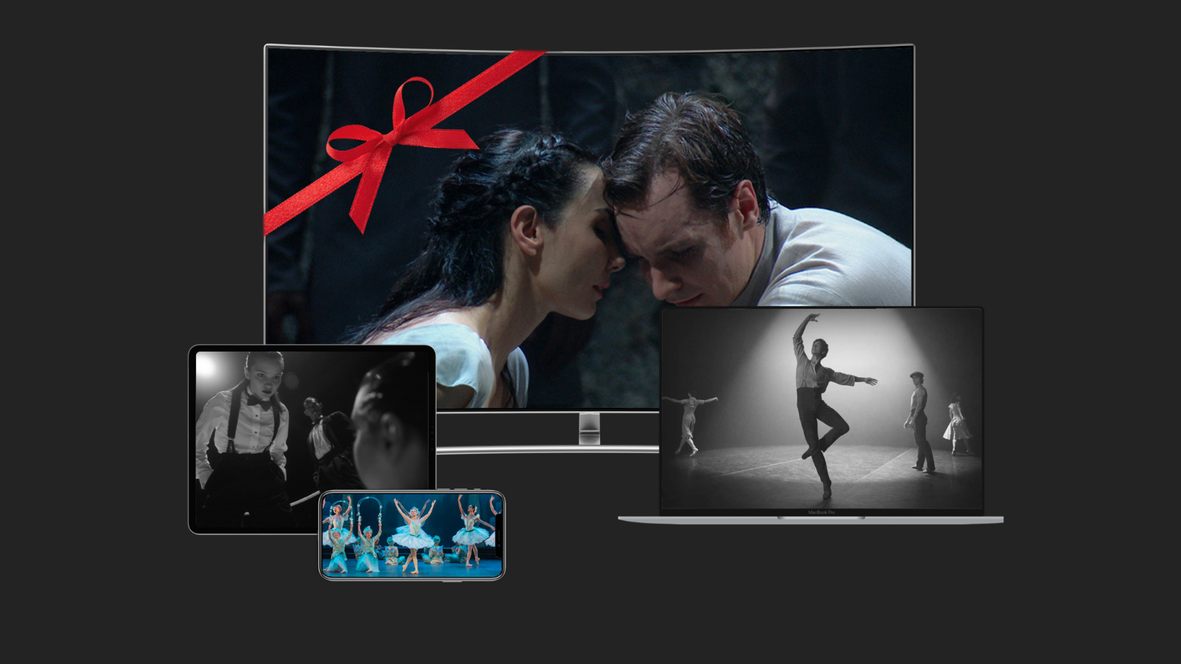 A variety of screens featuring frames from various titles on Ballet On Demand, wrapped by a festive bow