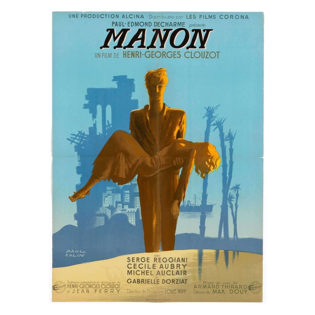 A vintage movie poster for the film "Manon" directed by Henri-Georges Clouzot. The poster features a stylised illustration of a man in a suit holding an unconscious woman in his arms, set against a backdrop of a city skyline and barren trees. The overall color scheme is blue and gold, with the illustration dominated by shadowy, abstract shapes.