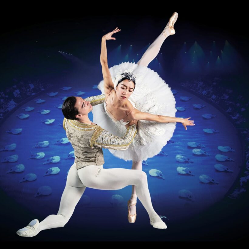 This image shows a dramatic performance of Swan Lake in-theround, featuring a male and a female dancer in an elegant pose. The male dancer, dressed in a gold-trimmed costume, is holding the female dancer, who is wearing a white tutu and tiara, as she performs a graceful arabesque. In the background there’s a circular stage with a group of dancers in white tutus laying on the ground.
