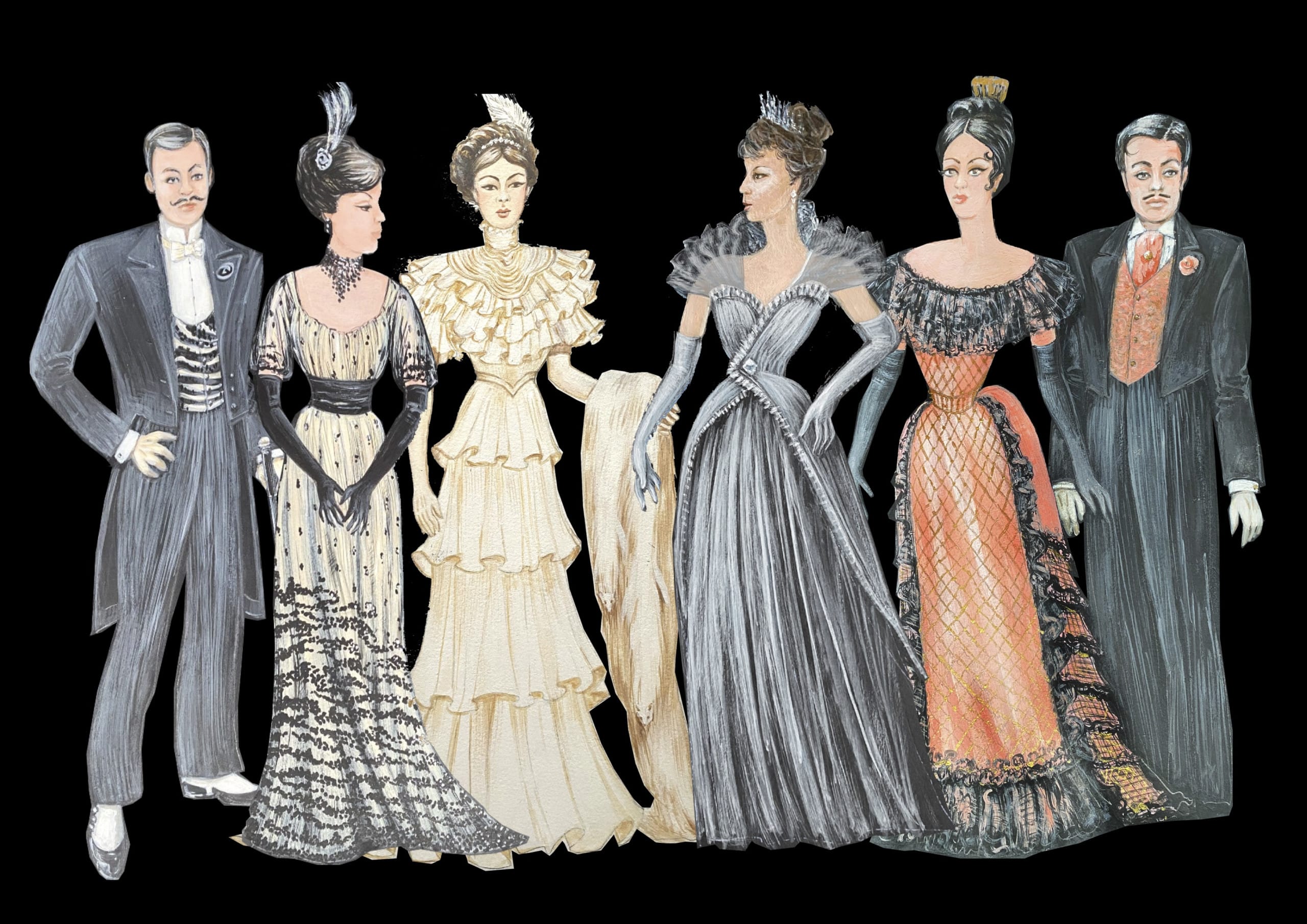 A group of six costume sketches of elegantly dressed individuals wearing fashionable Edwardian outfits from Nutcracker. The costumes feature various elements such as ruffles