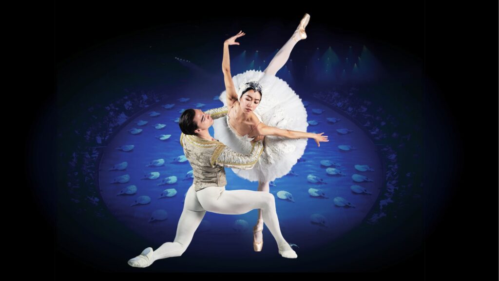 This image shows a dramatic performance of Swan Lake in-theround